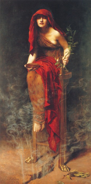 Priestess of Delphi by John Collier, depicting the Pythia in a trance on her tripod