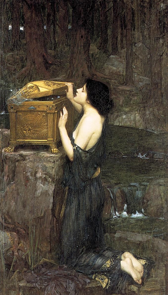 Pandora by John William Waterhouse, showing a woman opening a jar